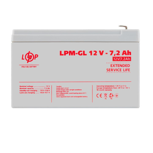 Гелевий акумулятор LPM-GL 12V 7.2 Ah 1200 циклів зарядки Пластиковий корпус