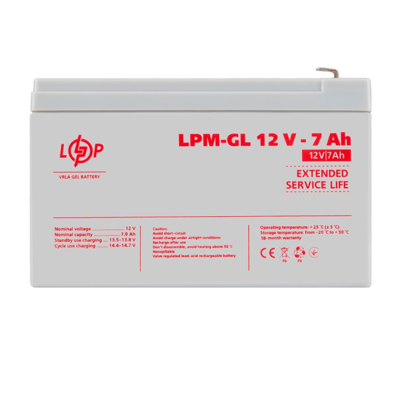 Гелевий акумулятор LPM-GL 12V 7 Ah 1200 циклів заряд/розряд пластикова оболонка компактні розміри 65x151x94 мм