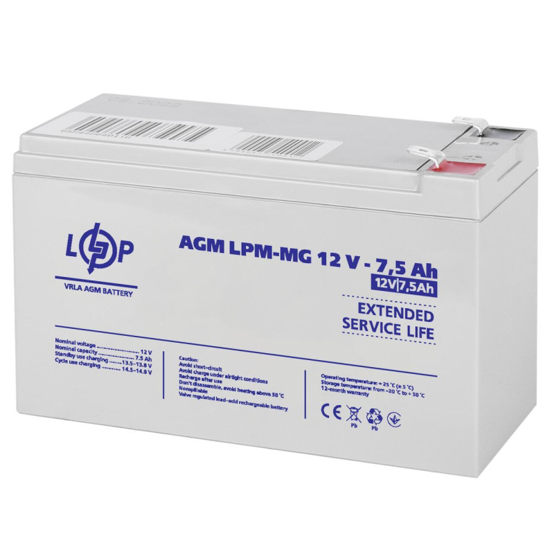 Акумулятор AGM мультигелевий LPM-MG 12V 7.5 Ah 800 циклів розміри 152x65x95 мм пластикова оболонка