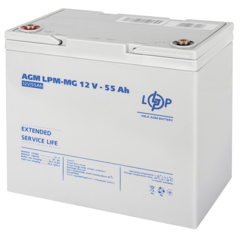 Акумулятор AGM мультигелевий LPM-MG 12V 55 Ah герметичний без обслуговування температура -20°С до +50°С
