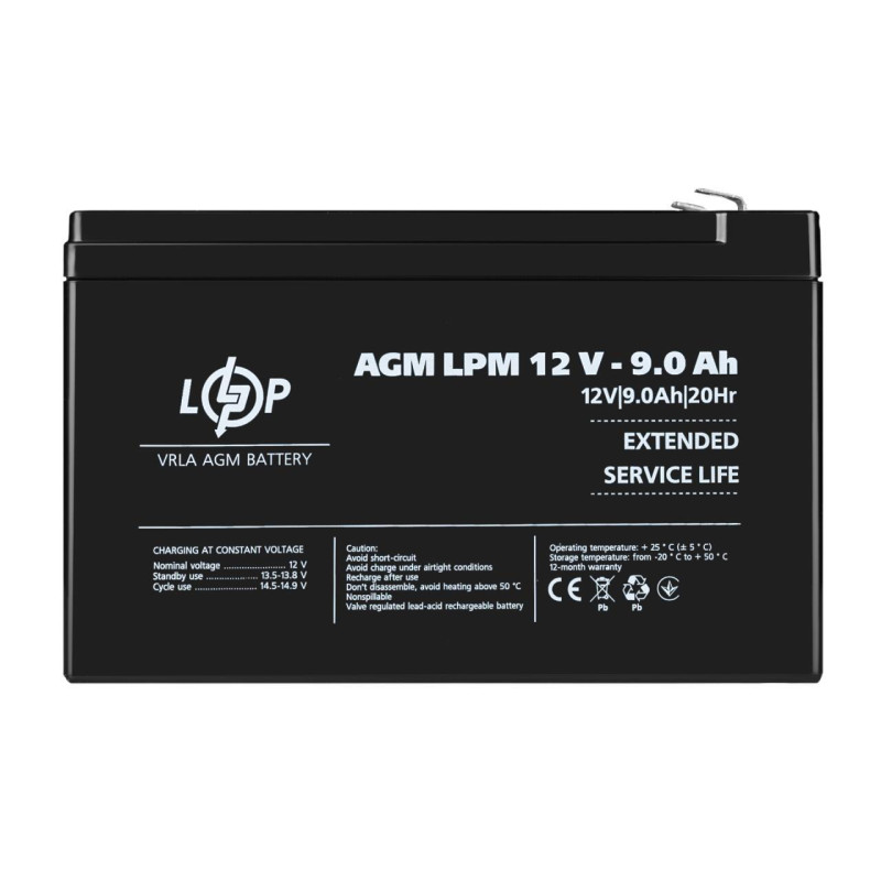 Акумулятор AGM LPM 12V 9 Ah свинцево-кислотний наробіток 400 циклів пусковий струм 135A