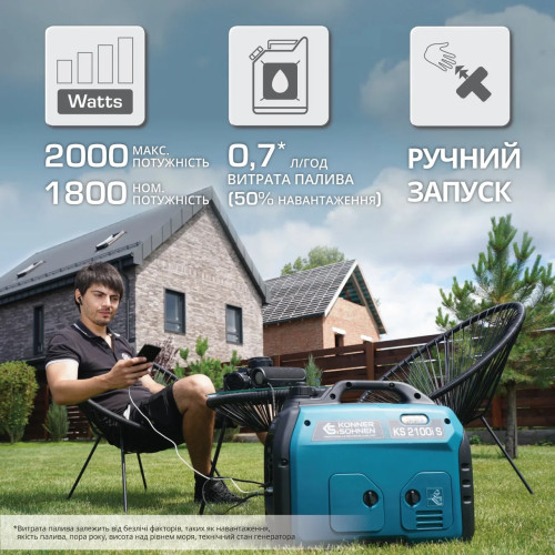 Інверторний генератор KS 2100i синусоїдальний з режимом ECO та низьким шумом