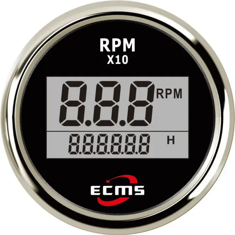 Цифровий тахометр ECMS PLT2-BS-RPM 52 мм чорний 800-00264 для човна діапазон 0-999999 об/хв діаметр 55 мм