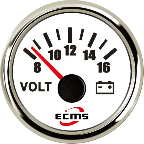 Вольтметр ECMS PMV2-WS-8-16 білий аналоговий діаметр 55 мм робоча напруга 9-32 VDC хромована рамка