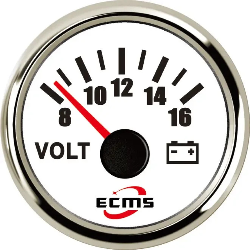 Вольтметр ECMS PMV2-WS-8-16 білий аналоговий діаметр 55 мм робоча напруга 9-32 VDC хромована рамка