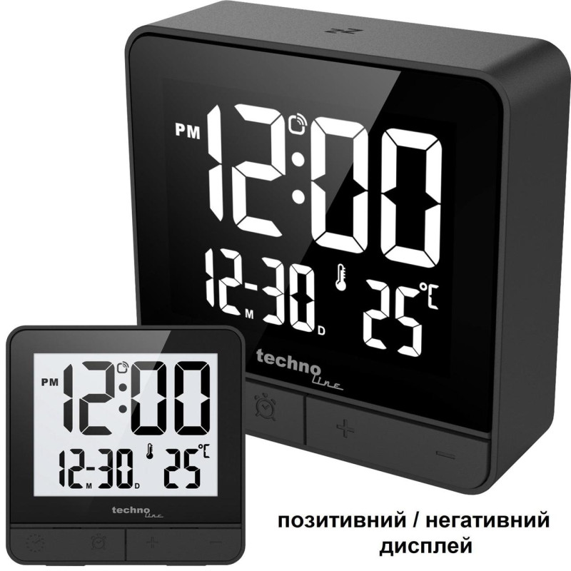 Настільні годинники Technoline WT375 Black E-paper екран будильник термометр радіоконтроль часу 59x59x20 мм