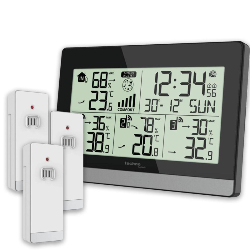 Термогігрометр Technoline WS7065 Black/Silver з 3 датчиками дальність до 60 м робоча температура -40° до +70°
