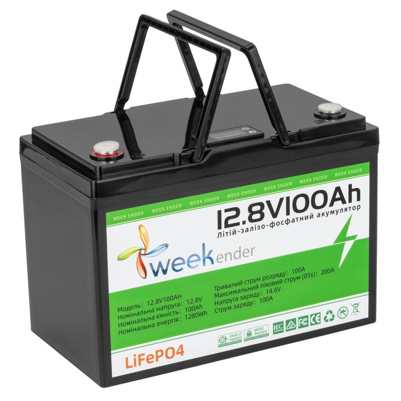 Літій-залізний акумулятор Weekender 100 Ah 12 V LiFePO4 з екраном ABS 240 A розряду компактний легкий