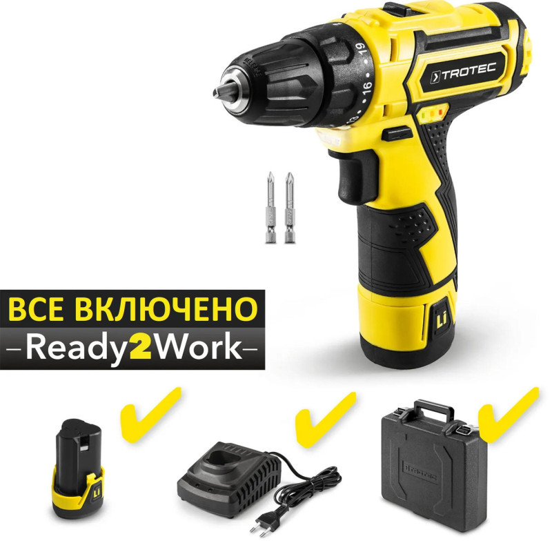 Акумуляторна дрель-шуруповерт Trotec PSCS 11-12V 12В 22Нм 2 швидкості швидкозажимний патрон кейс ергономічний дизайн